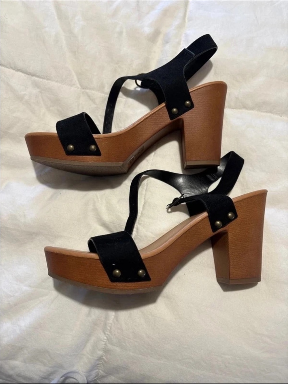 Soda Black and Brown Platform Block Heel Sandals
